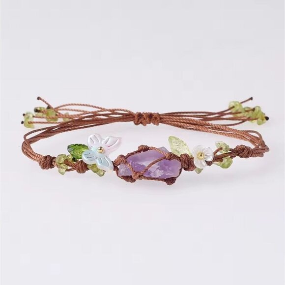 Amethyst Crystal Flower Bracelet Adjustable Macrame Cottagecore Jewelry - Picture 1 of 3